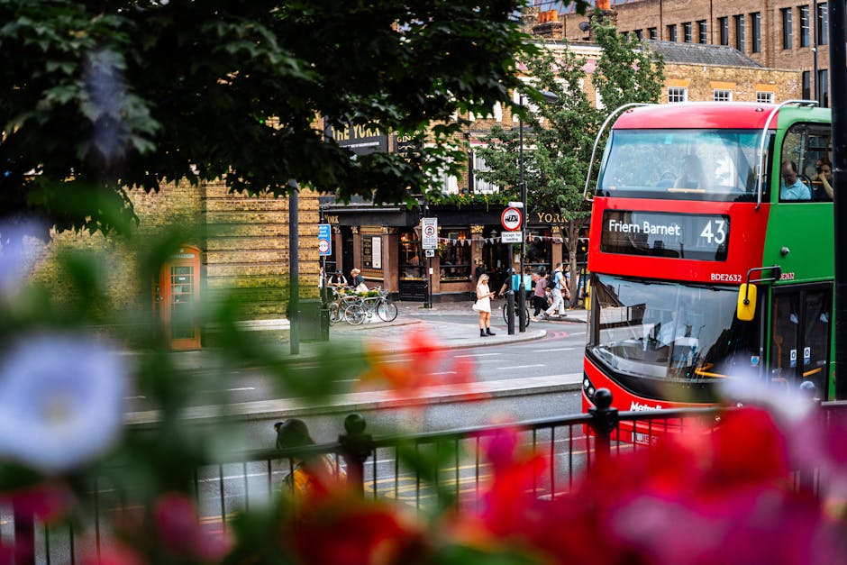 A double-decker bus numbered 43 with a display sign reading 'Friern Barnet' is moving along a street in London, partially obscured by a foreground of out-of-focus pink, red, and white flowers. The str